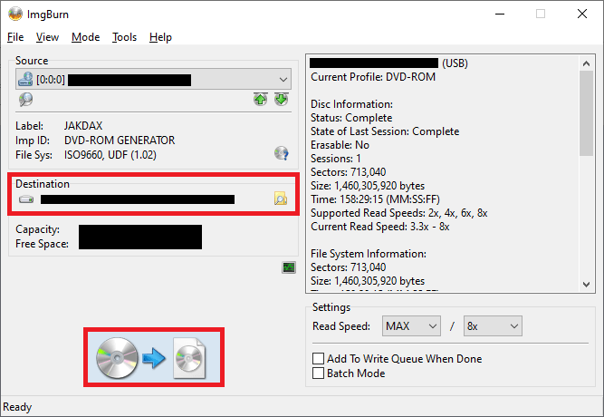 Choose a location for your .iso and start the read